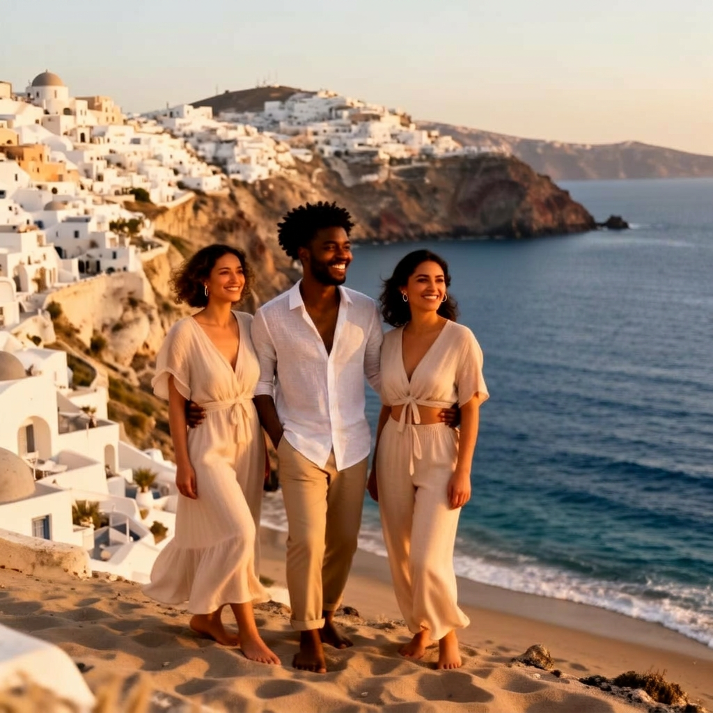 Travel enthusiasts walking together on a Santorini beach at golden hour