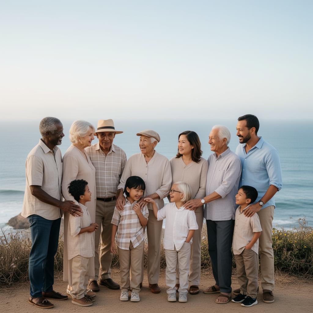 Multi-generational family sharing a meaningful travel experience by the coast