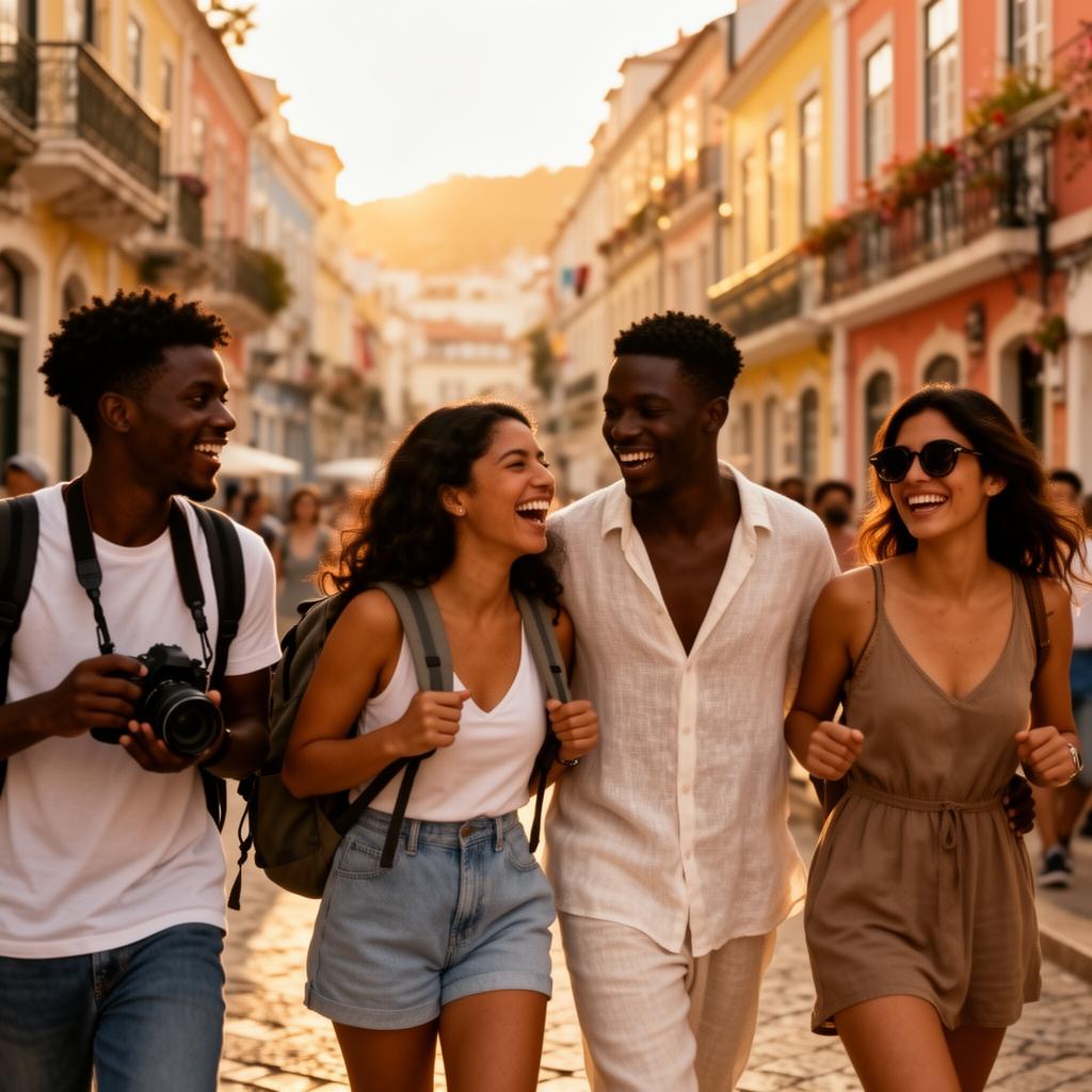 Gen Z solo travelers — male and female — exploring a vibrant coastal city street together