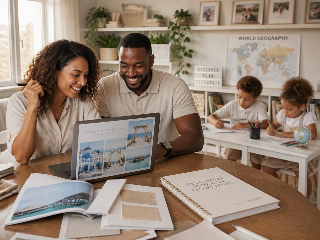 Millennial Afro-Latina and African couple planning destination weddings and luxury vacations from a bright home office while their two children homeschool nearby