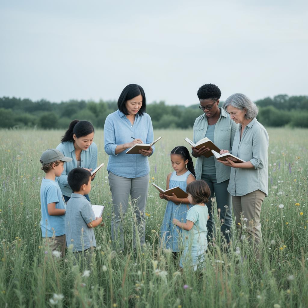 Family reading together during an outdoor nature-based learning moment