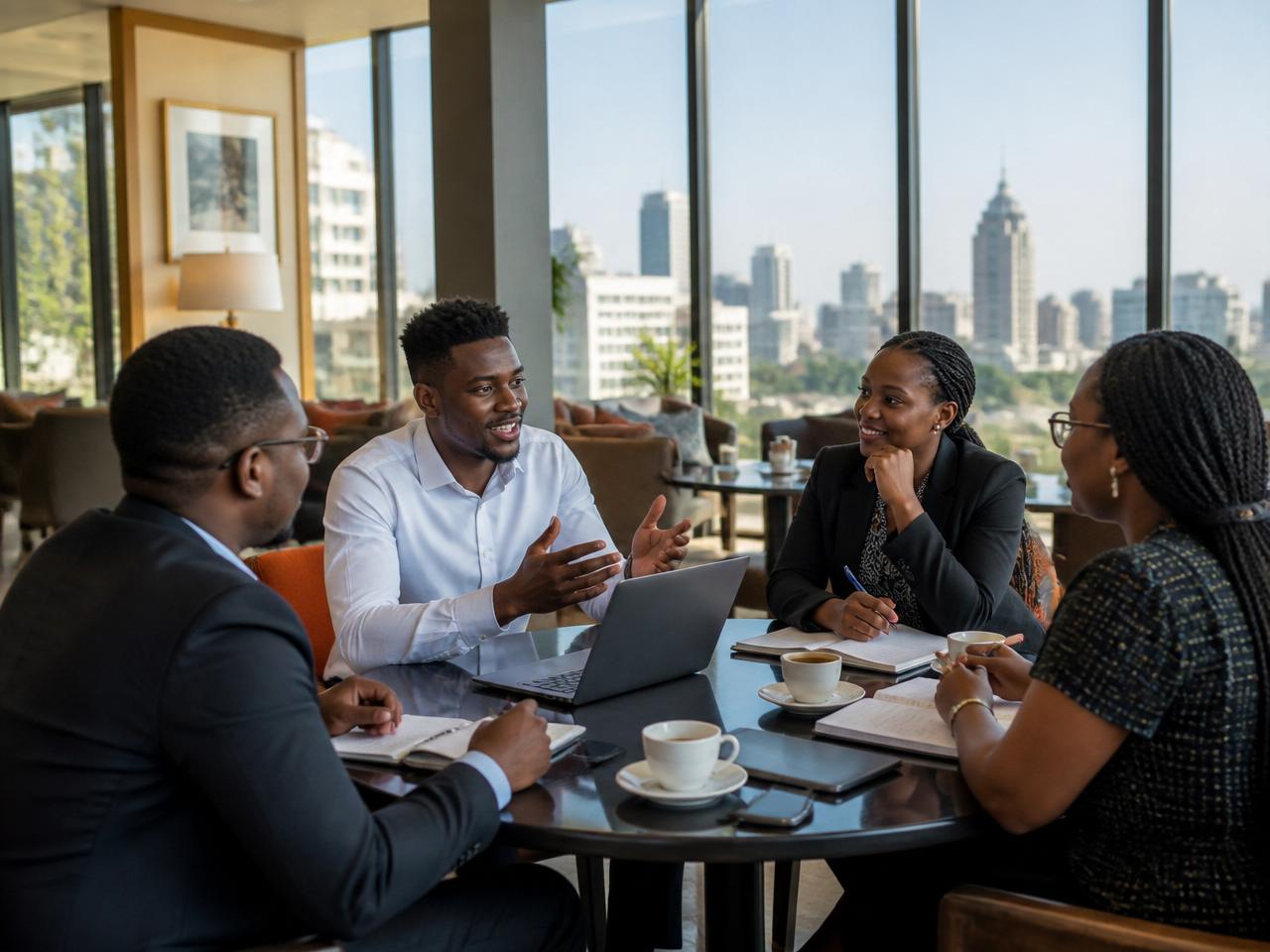 Black business student meeting with Kenyan business owners in a Nairobi hotel lounge