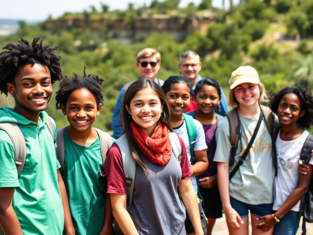 Diverse middle and high school students on an outdoor education trip with parent chaperones behind them