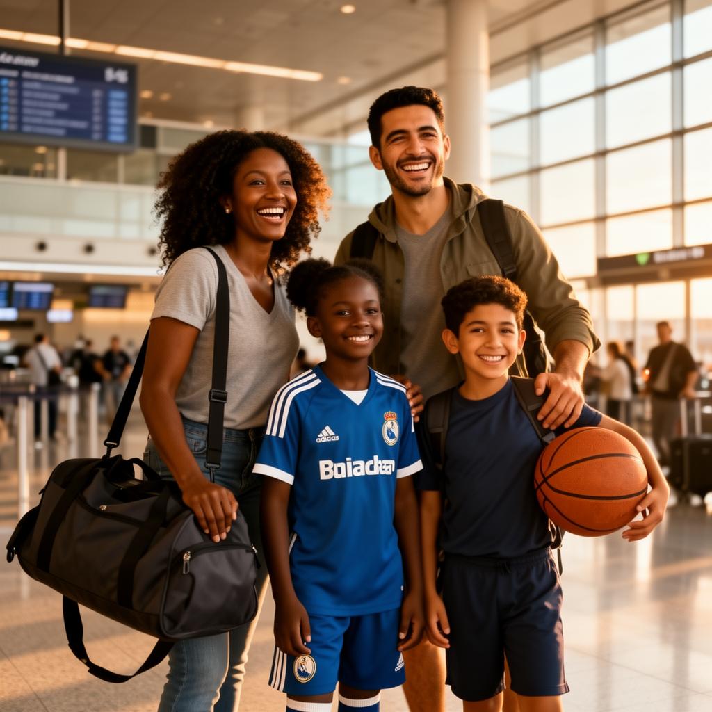 Multiethnic traveling sports family with soccer and basketball gear at an airport